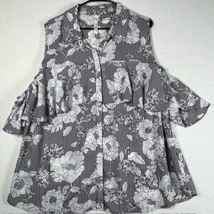 NY Collection Womens Cold-shoulder Tiered Ruffle Button-Down Tunic Plus Size 3X